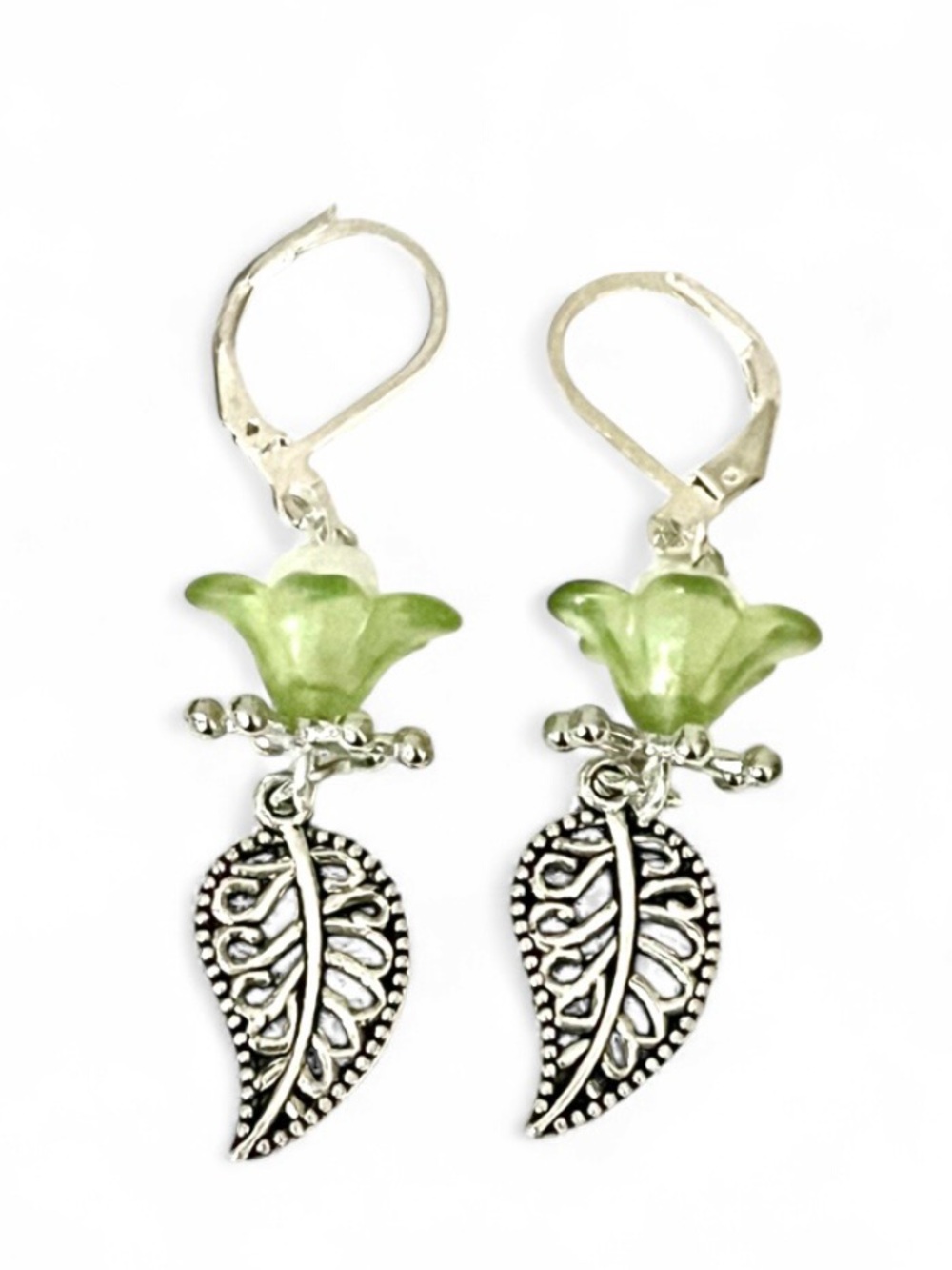 925 Sterling Silver Green Floral Leaf Drop Dangle Earrings Leverback Fall Boho